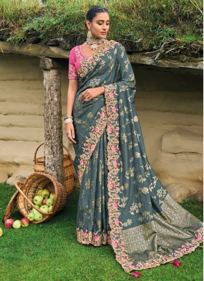 Sensible Grey Embroidered Silk Designer Saree