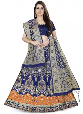 Sensible Jacquard Work Navy Blue Banarasi Silk Leh