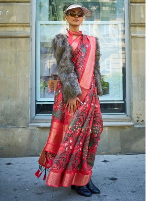 Sensible Organza Print Red Contemporary Style Saree