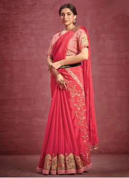 Sensible Pink Embroidered Faux Crepe Contemporary Saree