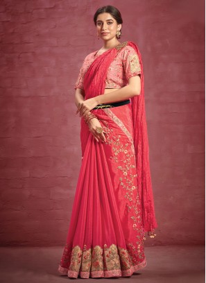 Sensible Pink Embroidered Faux Crepe Contemporary Saree