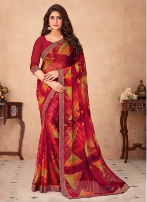 Sensible Red Border Chiffon Classic Saree