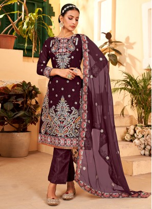 Sensible Sequins Purple Faux Georgette Straight Salwar Kameez