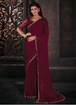 Sequins Chiffon Satin Contemporary Saree in Maroon