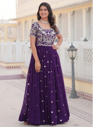 Sequins Faux Georgette Readymade Gown in Purple