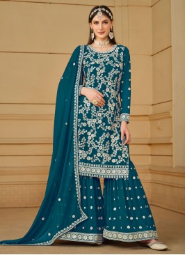 Sequins Faux Georgette Salwar Kameez in Teal