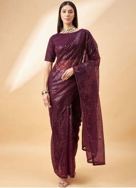Sequins Georgette Contemporary Style Saree in Purple
