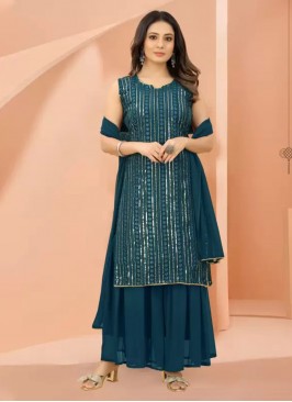 Sequins Georgette Palazzo Salwar Kameez in Teal