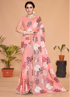 Sequins Georgette Trendy Saree in Peach