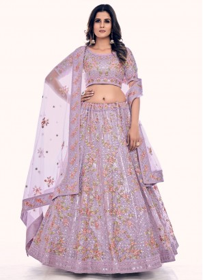 Sequins Net A Line Lehenga Choli in Lavender