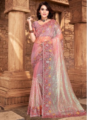 Sequins Net Classic Saree in Pink