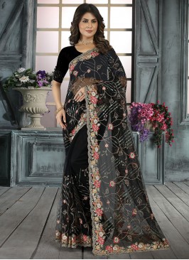 Sequins Net Contemporary Style Saree in Black