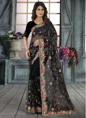 Sequins Net Contemporary Style Saree in Black
