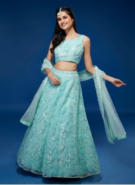 Sequins Net Designer Lehenga Choli in Aqua Blue