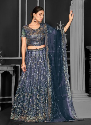 Sequins Net Lehenga Choli in Blue