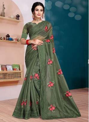 Sequins Organza Classic Saree in Green