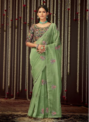 Sequins Organza Contemporary Style Saree in Green