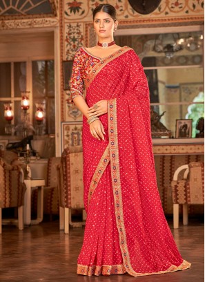 Sequins Organza Designer Saree in Red