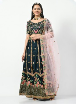 Sequins Satin Silk Lehenga Choli in Teal