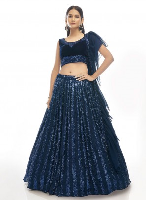 Sequins Velvet A Line Lehenga Choli in Navy Blue