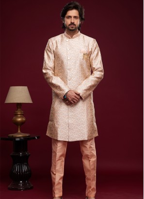 Serenade Peach: Embroidered Banarasi Jacquard Semi-Indo Western Ensemble