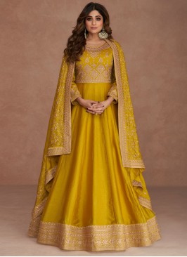 Shamita Shetty Embroidered Mustard Silk Readymade Gown