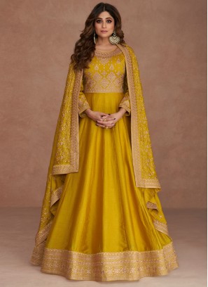 Shamita Shetty Embroidered Mustard Silk Readymade Gown