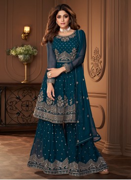 Shamita Shetty Embroidered Teal Georgette Readymade Salwar Suit