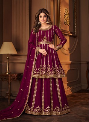 Shamita Shetty Faux Georgette Resham Wine Long Choli Lehenga