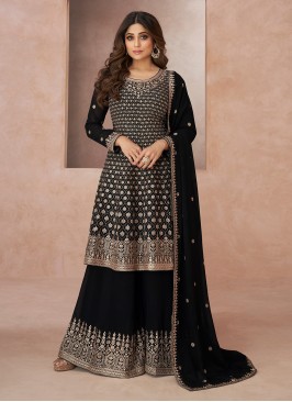 Shamita Shetty Georgette Embroidered Black Trendy Salwar Kameez