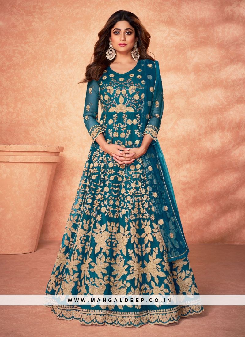 Shamita Shetty Net Turquoise Bollywood Salwar Kameez 