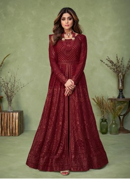 Shamita Shetty Pure Georgette Maroon Embroidered Readymade Designer Salwar Suit