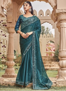 Shimmer Embroidered Contemporary Saree in Teal
