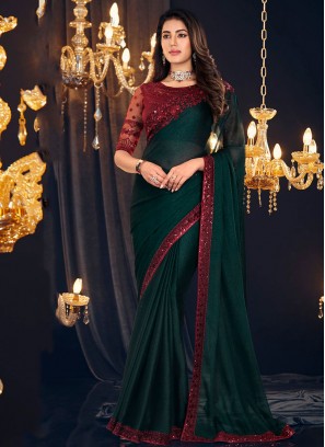 Shimmer Georgette Embroidered Contemporary Saree in Green