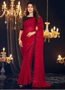 Shimmer Georgette Embroidered Red Saree