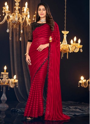 Shimmer Georgette Embroidered Red Saree