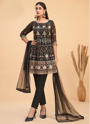 Sightly Embroidered Black Pure Georgette Designer Salwar Suit