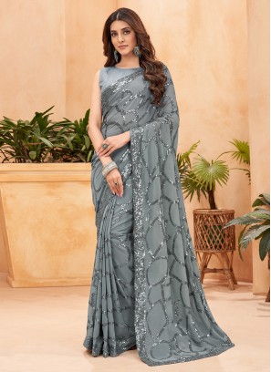 Sightly Grey Sequins Faux Georgette Trendy Saree