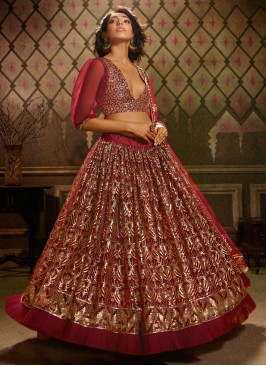 Sightly Maroon Embroidered Net Designer Lehenga Choli