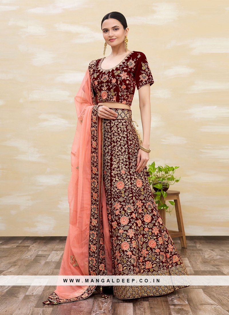 Maroon and deals peach wedding lehenga