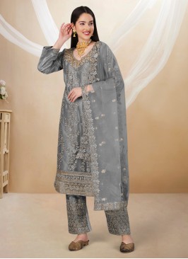 Sightly Net Grey Embroidered Straight Salwar Kameez