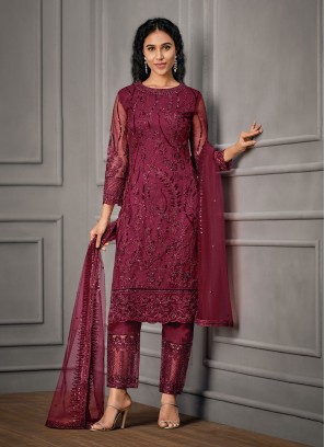 Sightly Net Maroon Handwork Trendy Salwar Suit