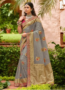 Sightly Organza Grey Weaving Designer Traditional Saree