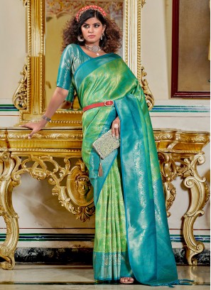 Sightly Weaving Banarasi Silk Green Contemporary Style Saree