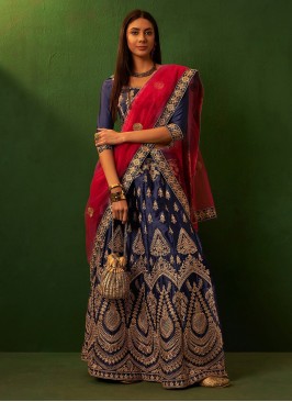 Silk A Line Lehenga Choli in Navy Blue