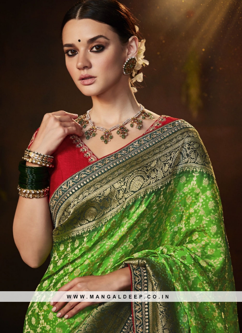 Silk Bandhej Designer Saree In Green 