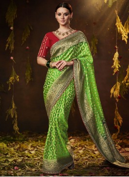Silk Bandhej Designer Saree in Green