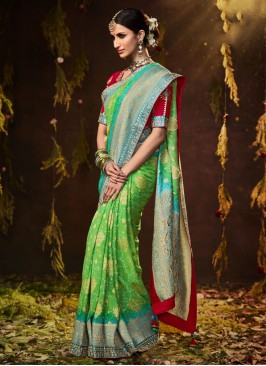 Silk Bandhej Green Contemporary Saree