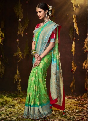 Silk Bandhej Green Contemporary Saree
