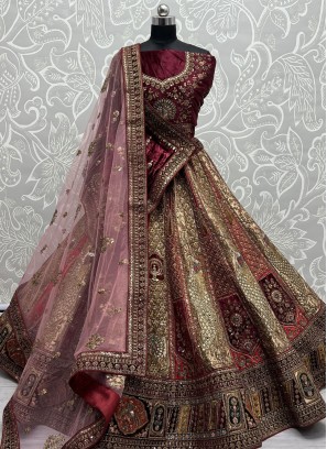 Silk Beige and Maroon Zari Designer Lehenga Choli